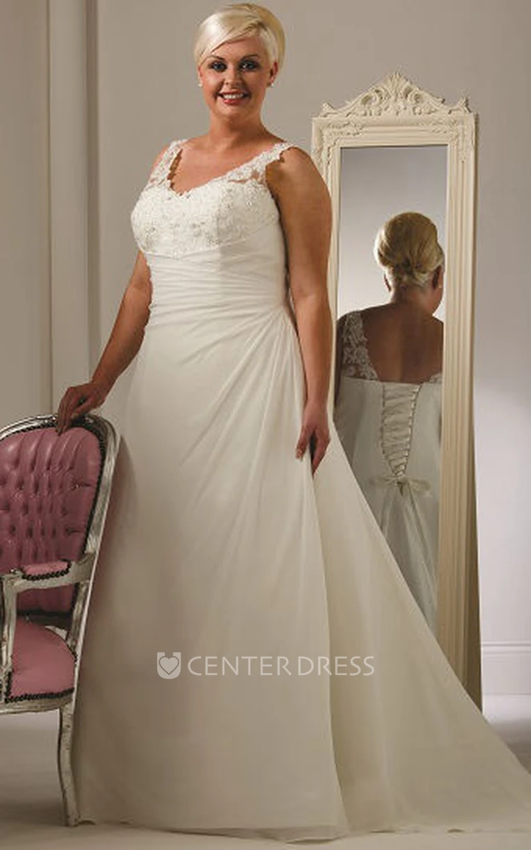 Plus Size V Neck Lace Up A-Line Bridal Gown With Lace Bodice