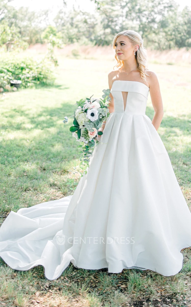 Satin Ball Gown Strapless Beach Romantic Wedding Dress With Chapel Train And Button Back