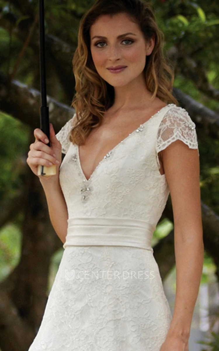A-Line V-Neck Cap-Sleeve Long Lace Wedding Dress With Beading And Court Train