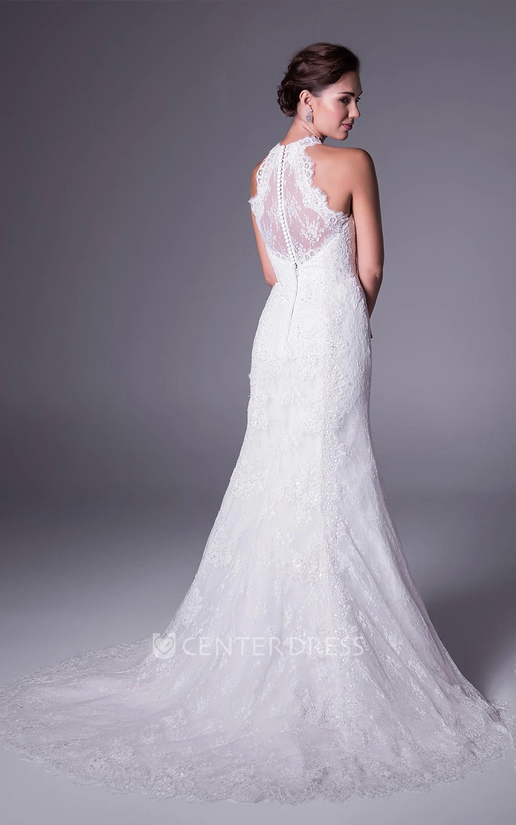 Trumpet Appliqued High-Neck Sleeveless Long Lace Wedding Dress