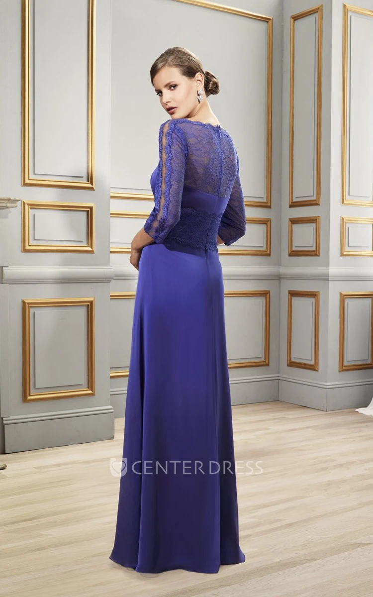 Sheath Draped Jewel-Neck 3-4-Sleeve Long Tulle&Satin Formal Dress With Lace