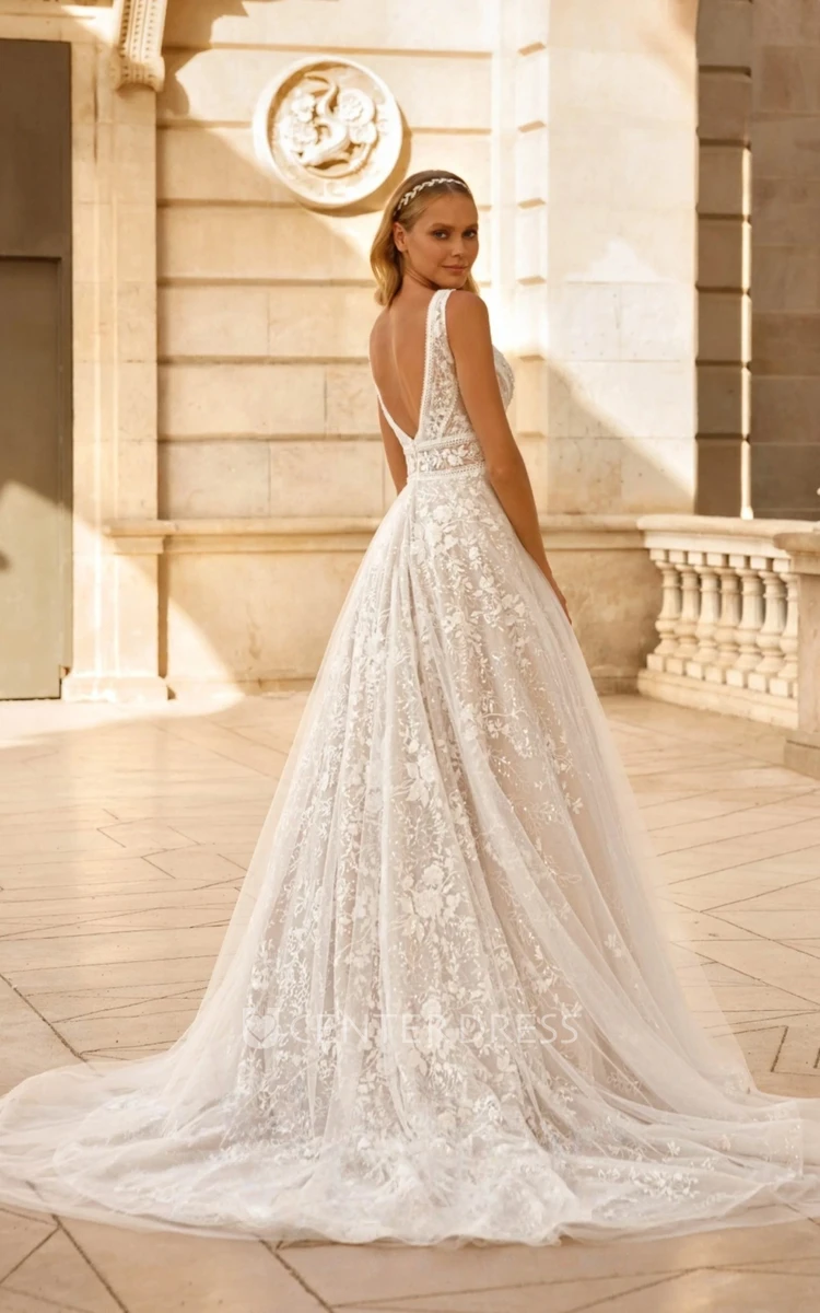 Charming Deep V-Neck And Deep V-Back Lace Tulle Wedding Dress with Embroidery