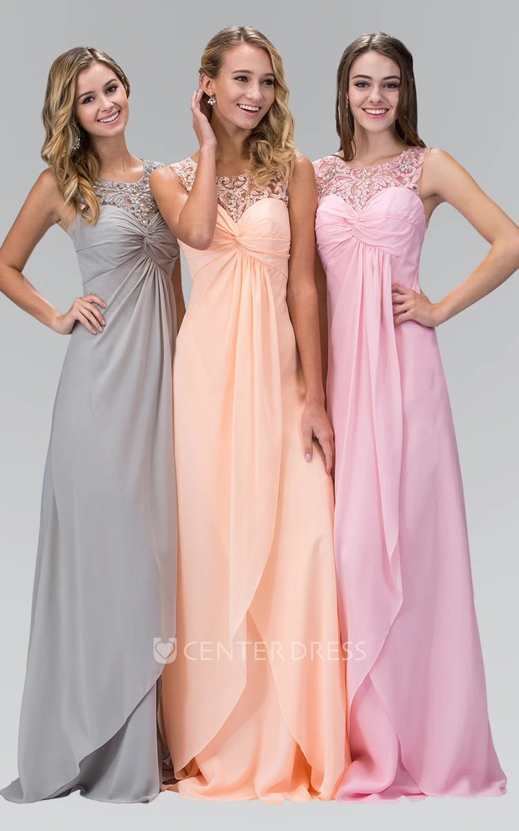 A-Line Long Scoop-Neck Sleeveless Empire Chiffon Dress With Beading And Draping