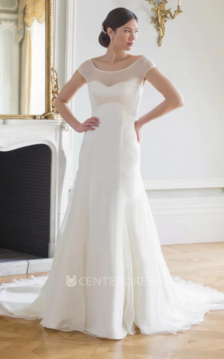 A-Line Scoop-Neck Short-Sleeve Tulle&Satin Wedding Dress With Illusion