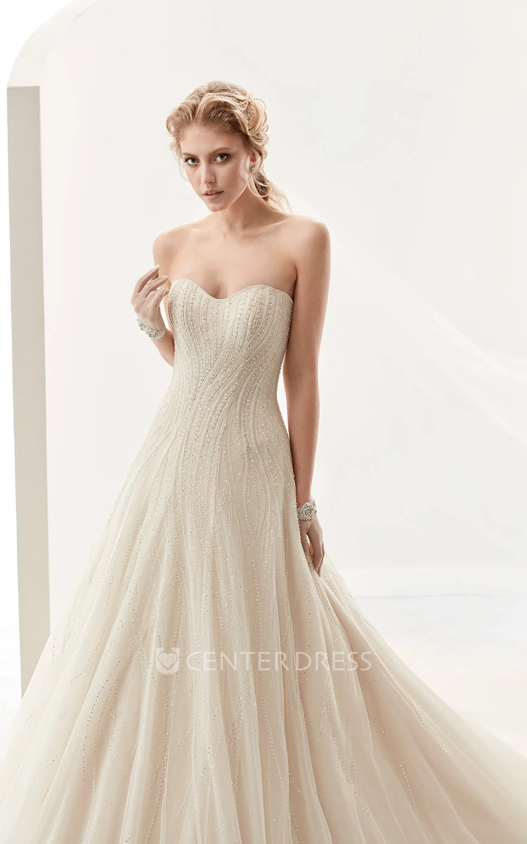Strapless A-Line Lace Bridal Gown With Sequins And Brush Train