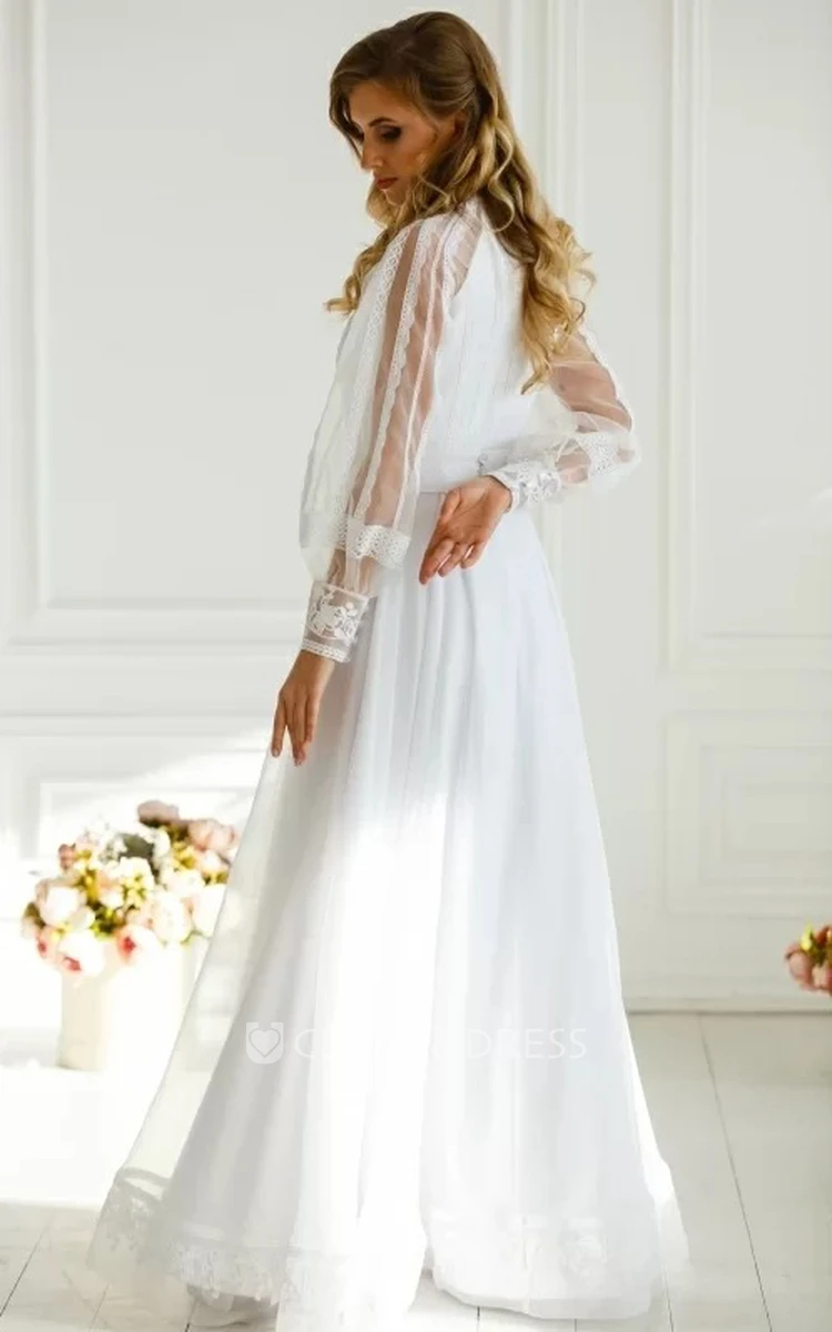 Simple V-neck A Line Chiffon Long Sleeve Floor-length Wedding Dress with Ruching