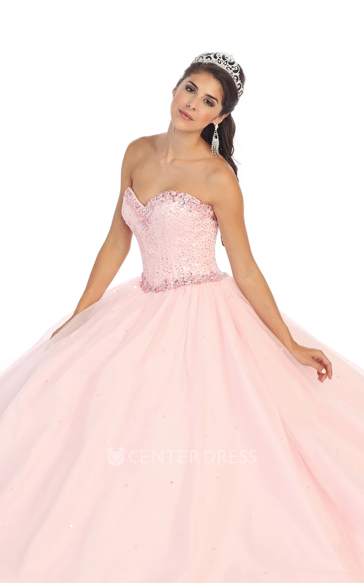 Ball Gown Long Sweetheart Sleeveless Tulle Dress With Beading