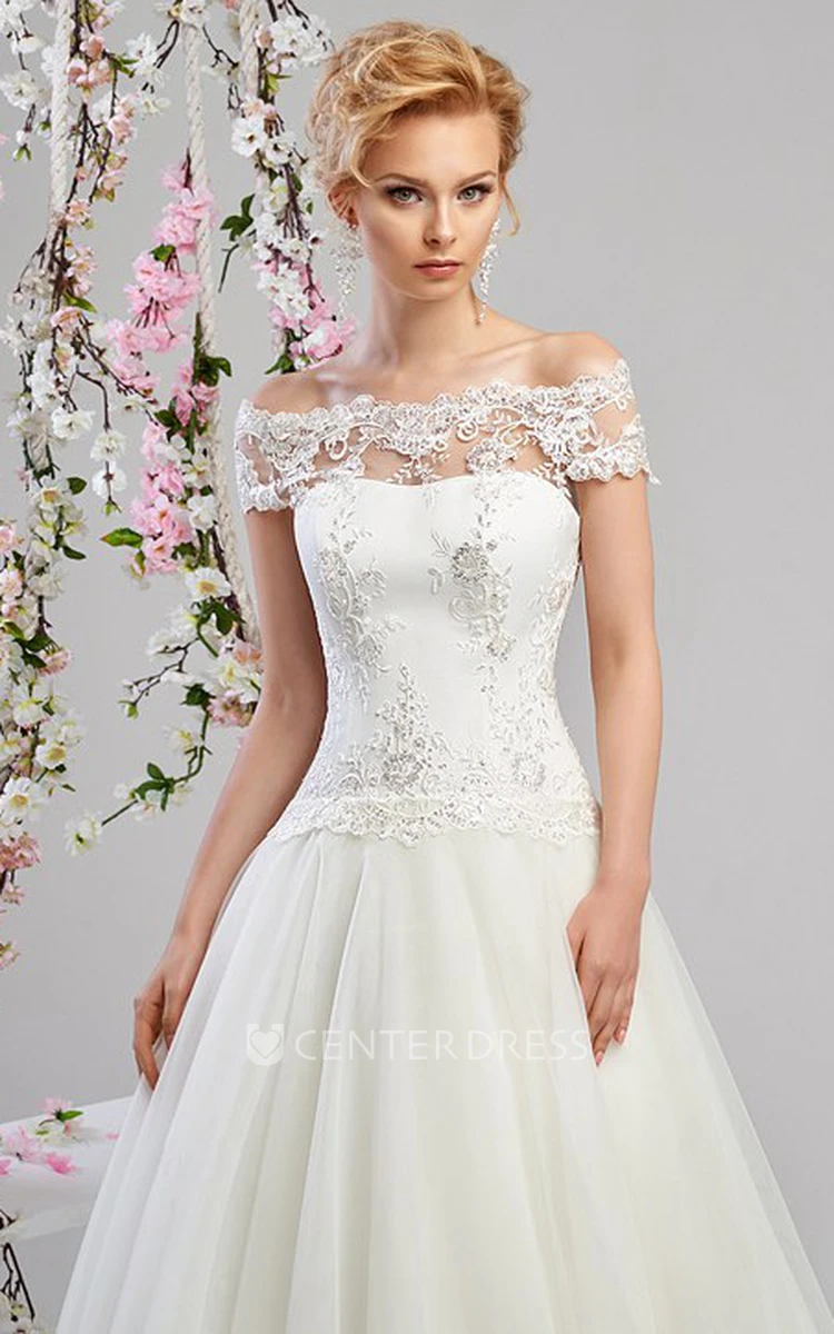A-Line Maxi Off-The-Shoulder Appliqued Tulle&Satin Wedding Dress