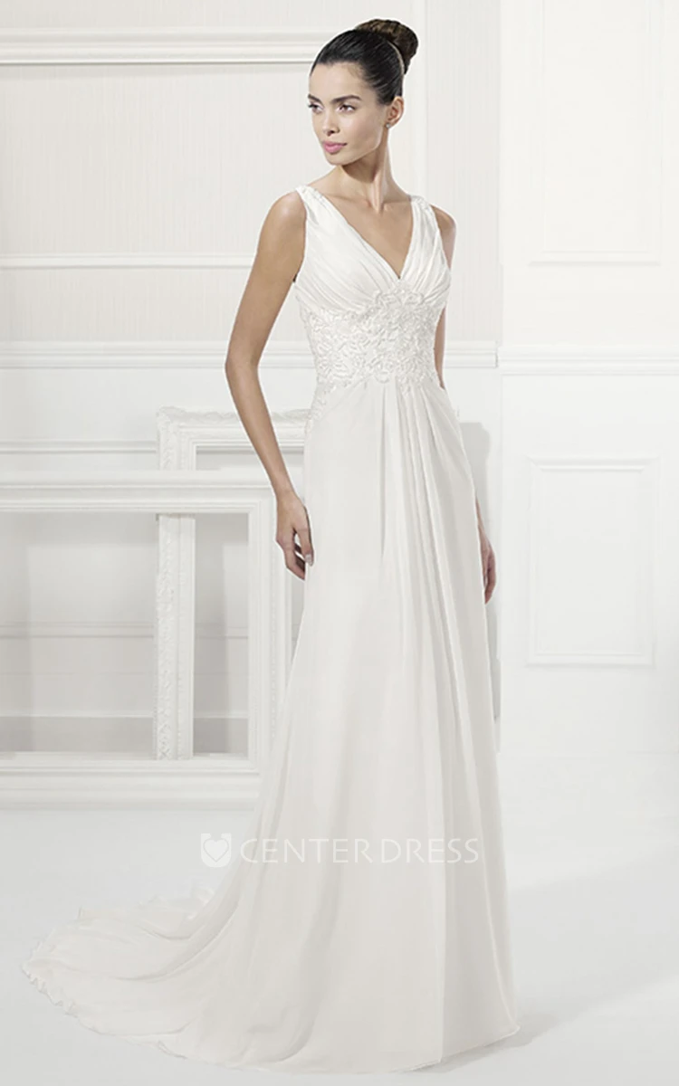 V Neck Empire A-Line Chiffon Gown With Appliqued Waist