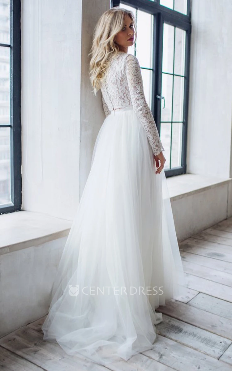 Two Piece Long Sleeve Lace Tulle Vintage Button Wedding Dress with Ruffles