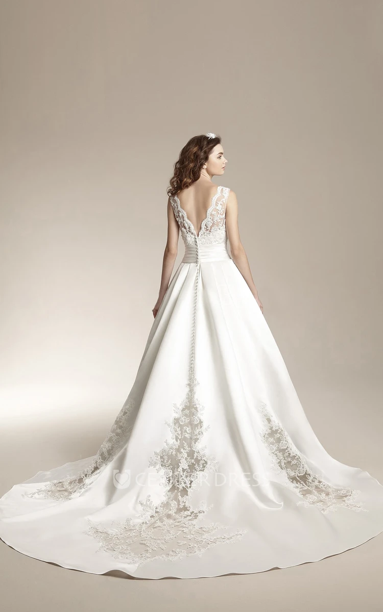 Sleeveless V-Neck Ballgown With Appliques And Lace Detail