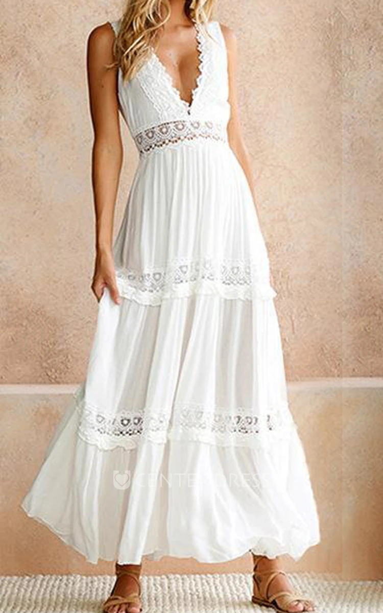 Chiffon A-Line Wedding Dress with Scalloped V-Neck Beach Garden Style