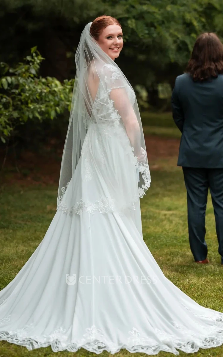 Ethereal Modest Short Sleeve Wedding Dress A-Line Lace Petals Satin Gown with Sweep Train