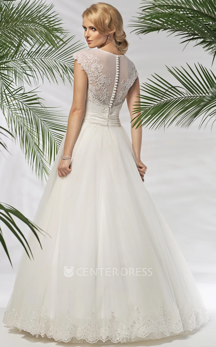 A-Line Appliqued Scoop-Neck Cap-Sleeve Long Satin&Tulle Wedding Dress