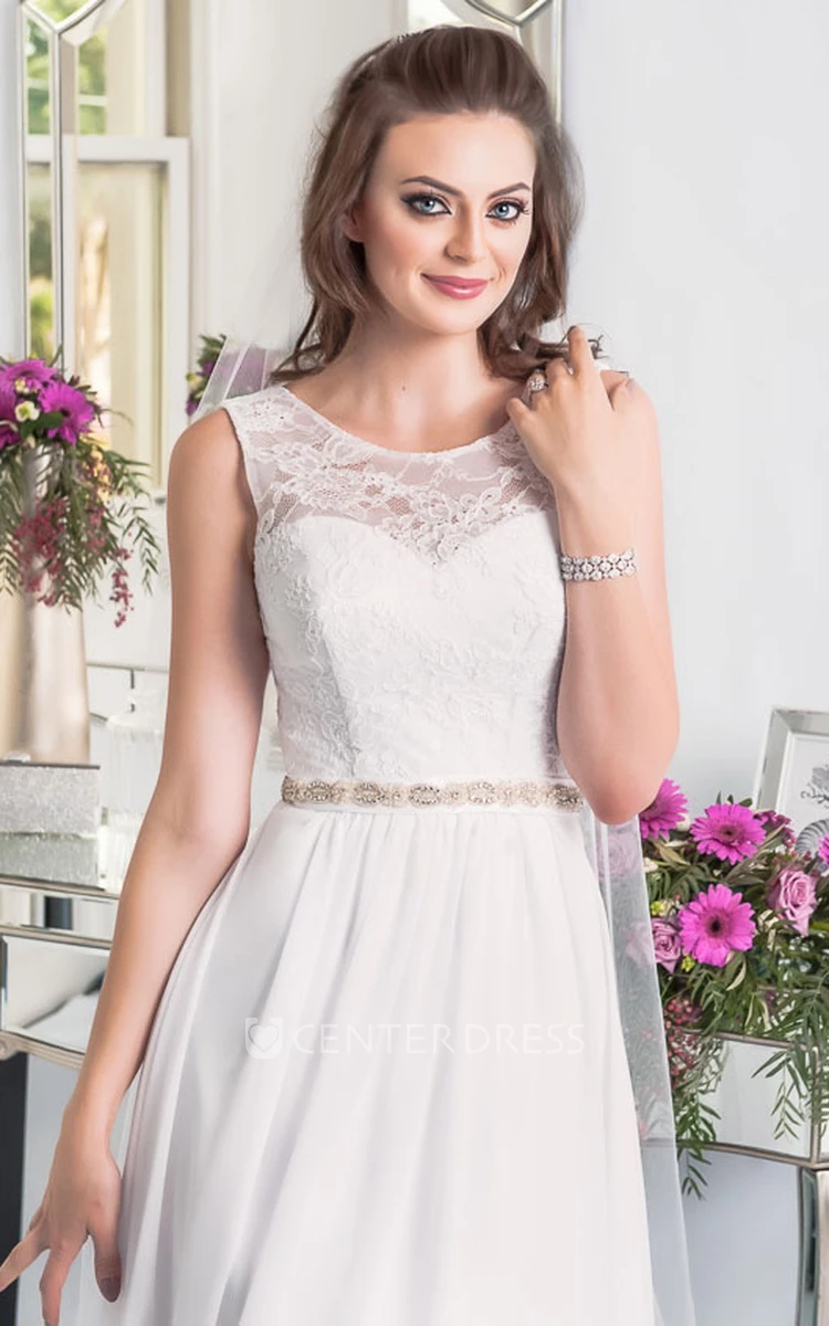 Sheath Scoop-Neck Sleeveless Floor-Length Jeweled Chiffon Plus Size Wedding Dress With Appliques And Corset Back