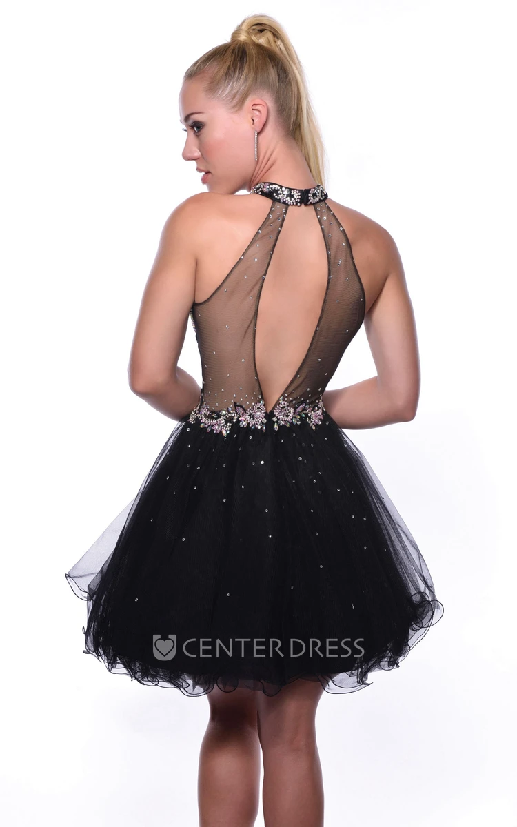 High Neck Sleeveless Short Tulle Homecoming Dress With Crystal Detailing