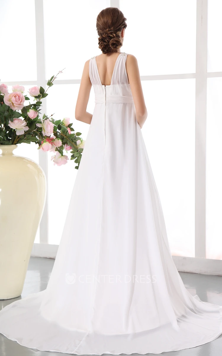 Soft Flowing Empire Chiffon Sleevess Maternity Wedding Gown With Beading