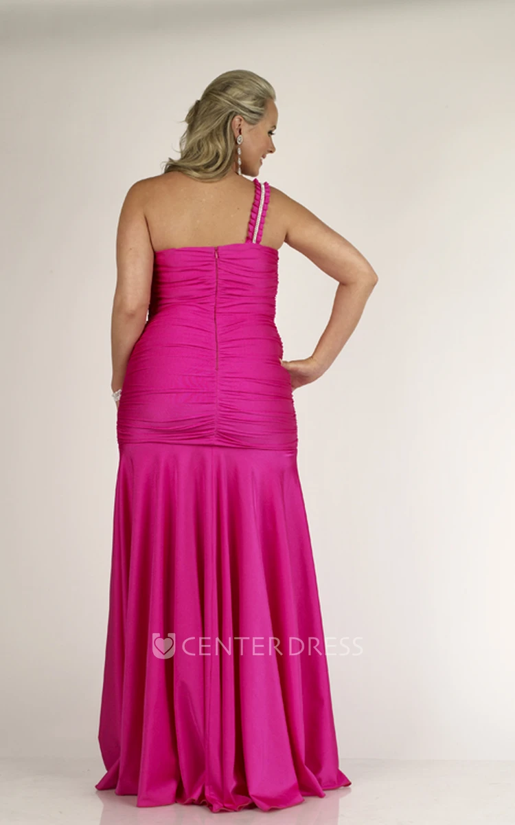 Sheath Floor-length One-shoulder Sleeveless Jersey Ruching Pleats Zipper Dress