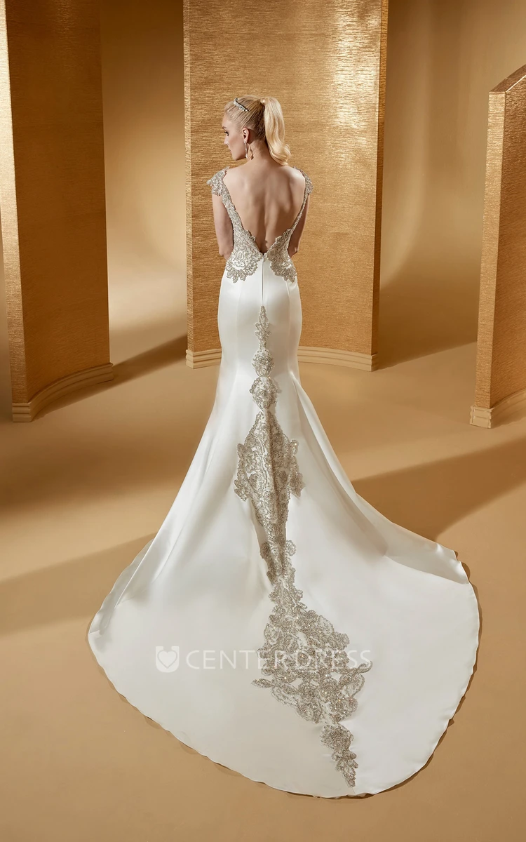 V-Neck Cap Sleeve Sheath Bridal Gown With Beaded Bodice And Open Back