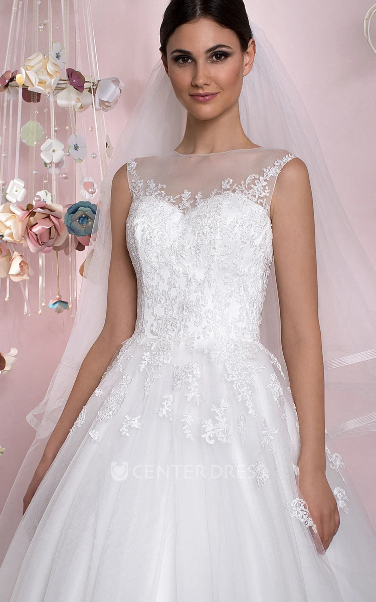 Long Jewel Appliqued Tulle Wedding Dress With Court Train And Illusion