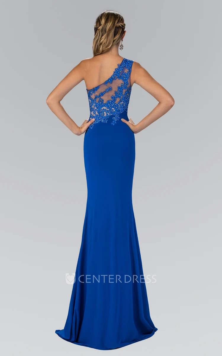 Sheath Long One-Shoulder Sleeveless Jersey Dress With Split Front And Appliques