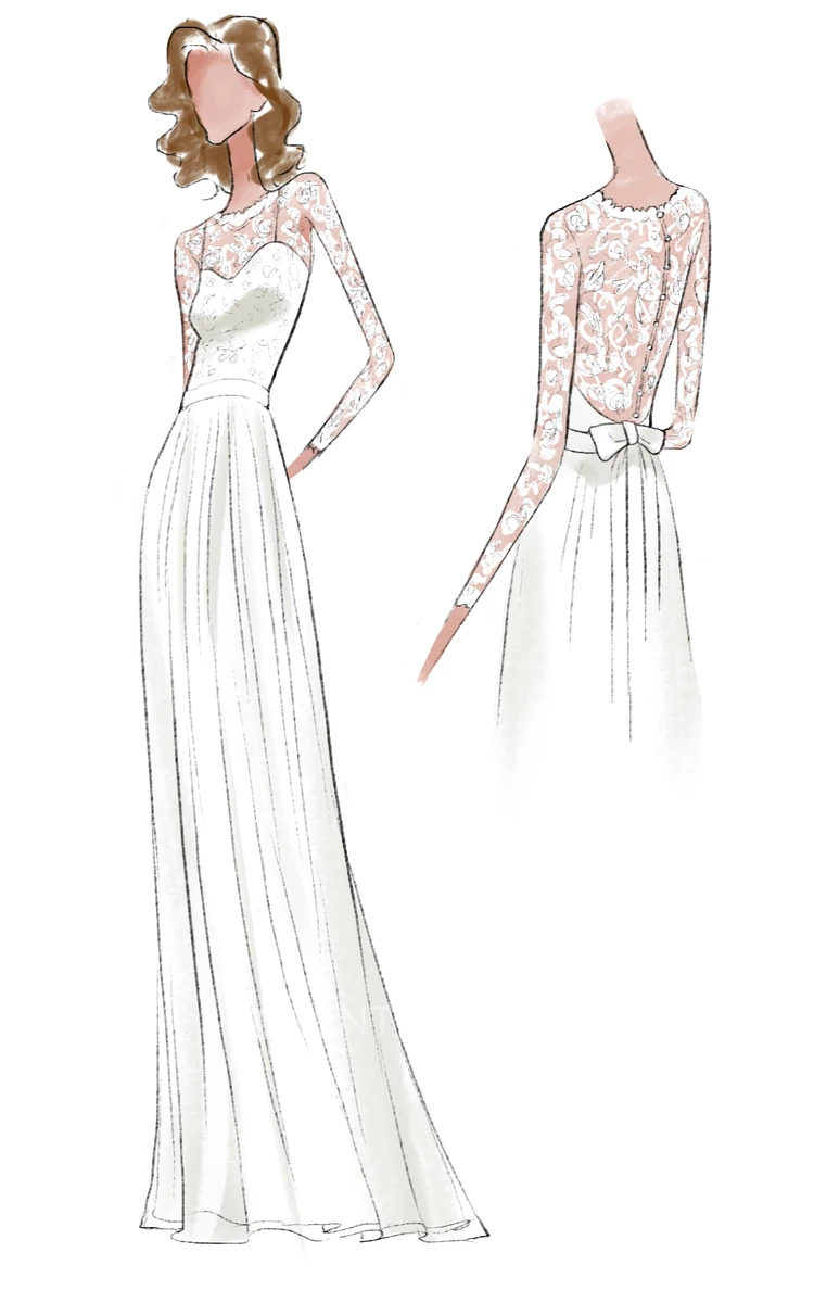 Long Sleeve Chiffon Lace Satin Weddig Dress