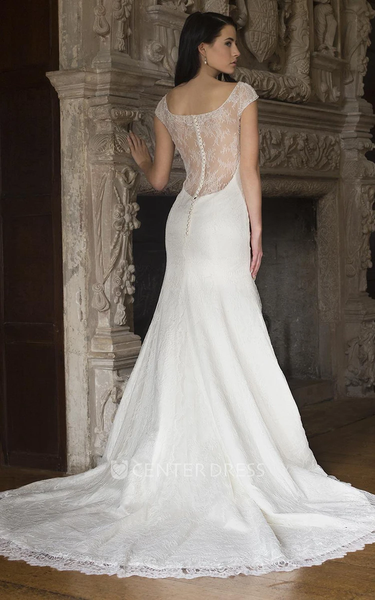 Sheath Appliqued Floor-Length Scoop-Neck Cap-Sleeve Lace Wedding Dress With Beading