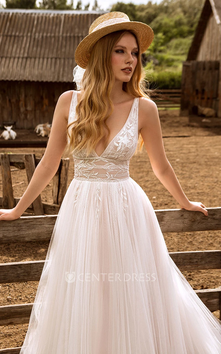 Elegant Tulle A-Line Wedding Dress with Plunging Neckline and Appliques Wedding Dress