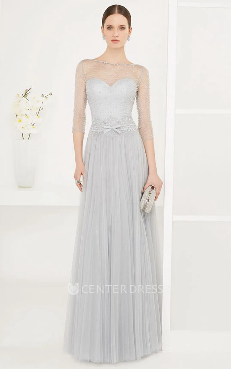 Jewel Neck 3-4 Sleeve Pleated Tulle Long Prom Dress With Belt And Sequins