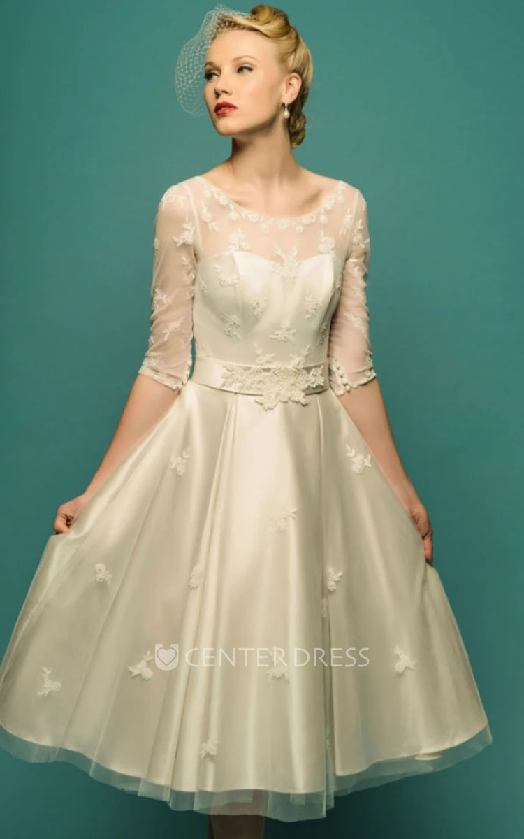 A-Line Tea-Length Illusion Sleeve Scoop Neck Appliqued Tulle Wedding Dress