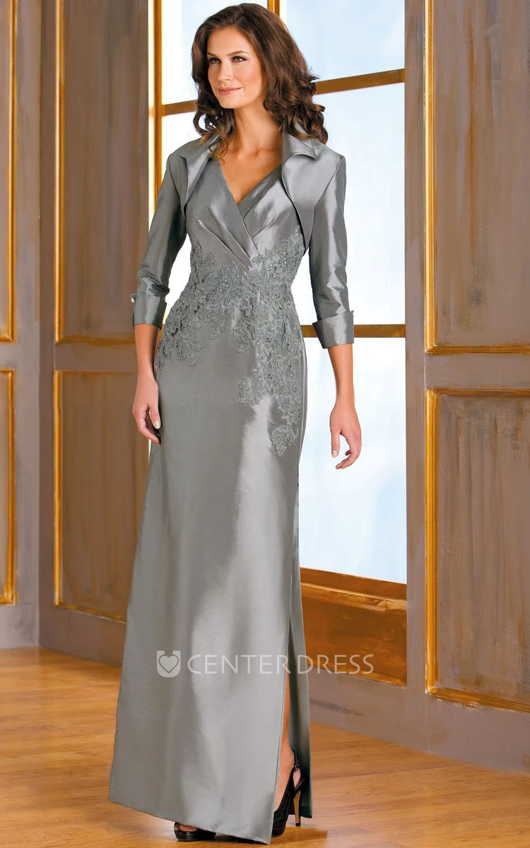 Sleeveless V-Neck Satin Mother Of The Bride Dress With Appliques And Jacket Style