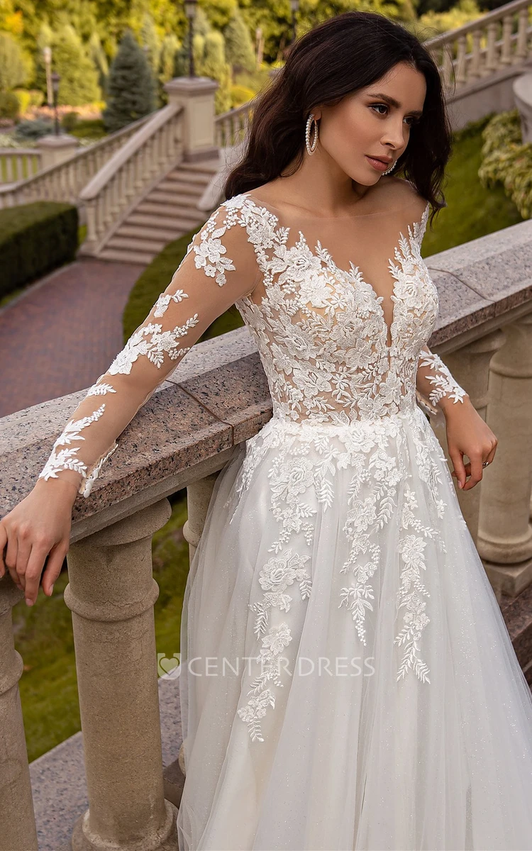 Casual Plunging Neck A Line Tulle Court Train Wedding Dress with Appliques