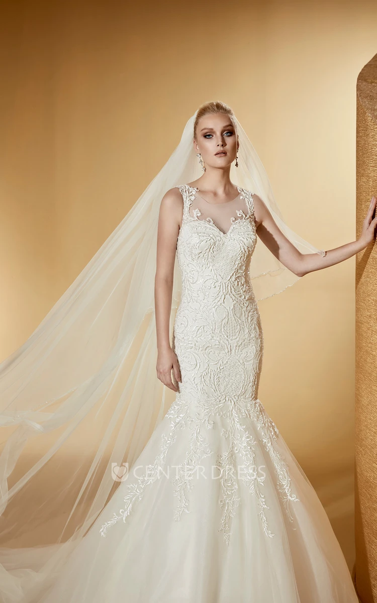 Cap Sleeve Jewel-Neck Mermaid Bridal Gown With Illusive Design And Court Train