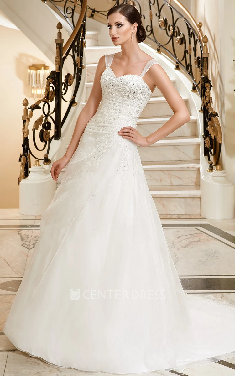 A-Line Sleeveless Beaded Long Tulle&Satin Wedding Dress With Draping