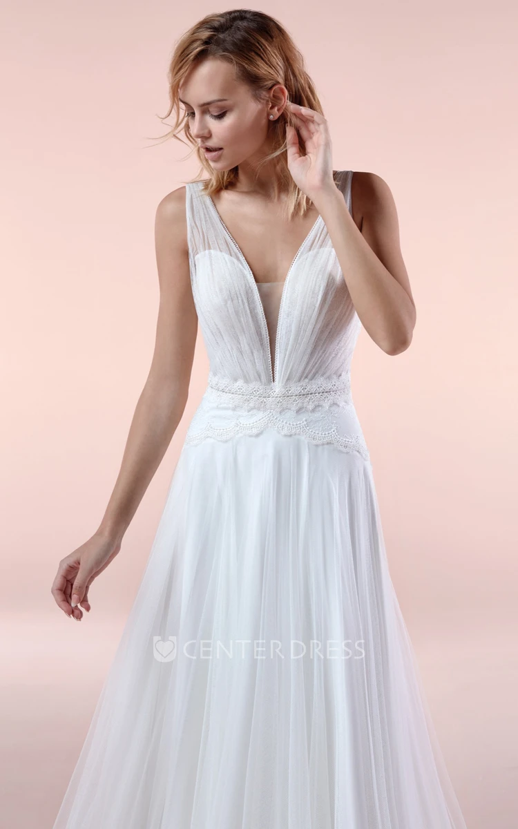 Unique Cap Sleeve V-neck Tulle Bridal Gown
