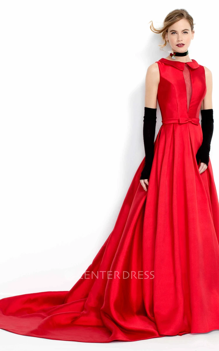 A-Line Sleeveless High-Neck Floor-Length Satin Prom Dress