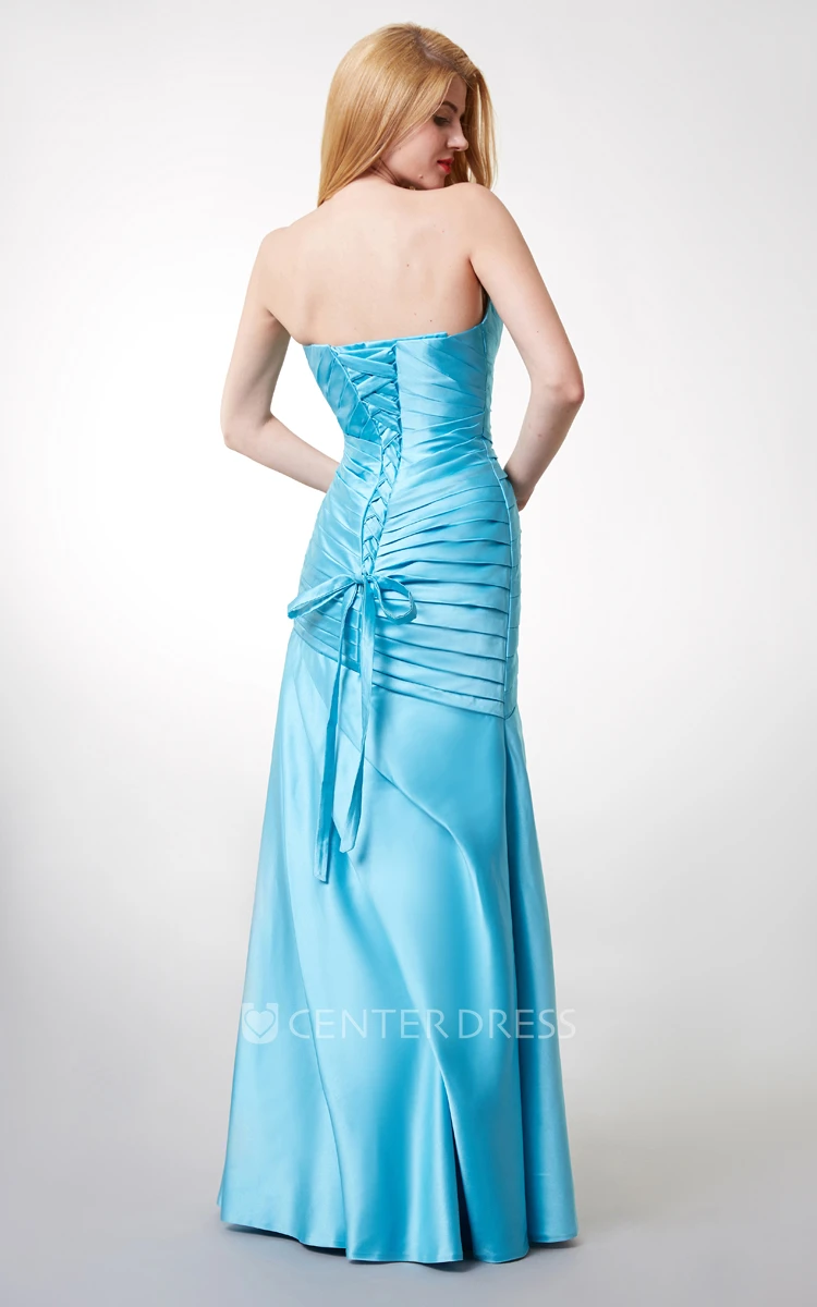 Elegant Ruched Sleeveless Satin Gown With Lace-up Back
