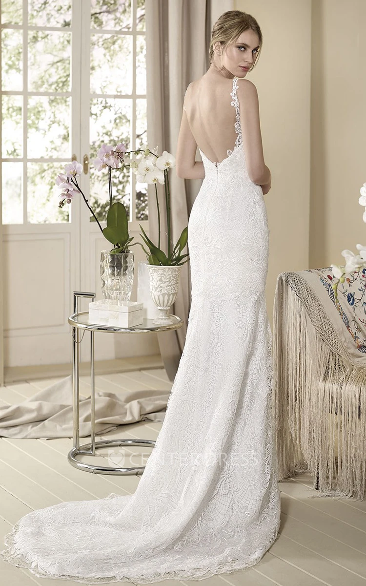Sheath Sleeveless Long Appliqued V-Neck Lace Wedding Dress With Waist Jewellery
