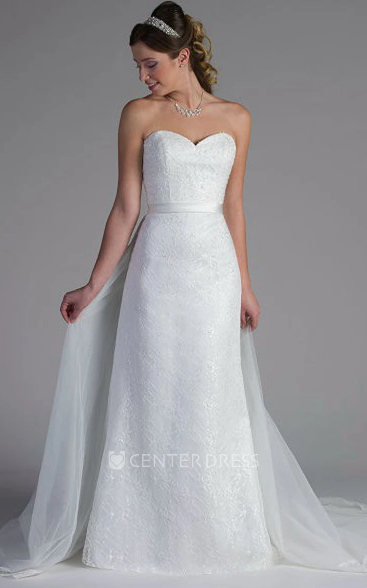 Sweetheart Lace Bridal Gown With Tulle Skirt And Satin Sash