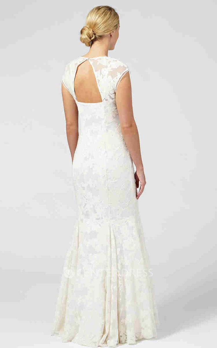 Sheath Cap-Sleeve Floor-Length Appliqued Wedding Dress