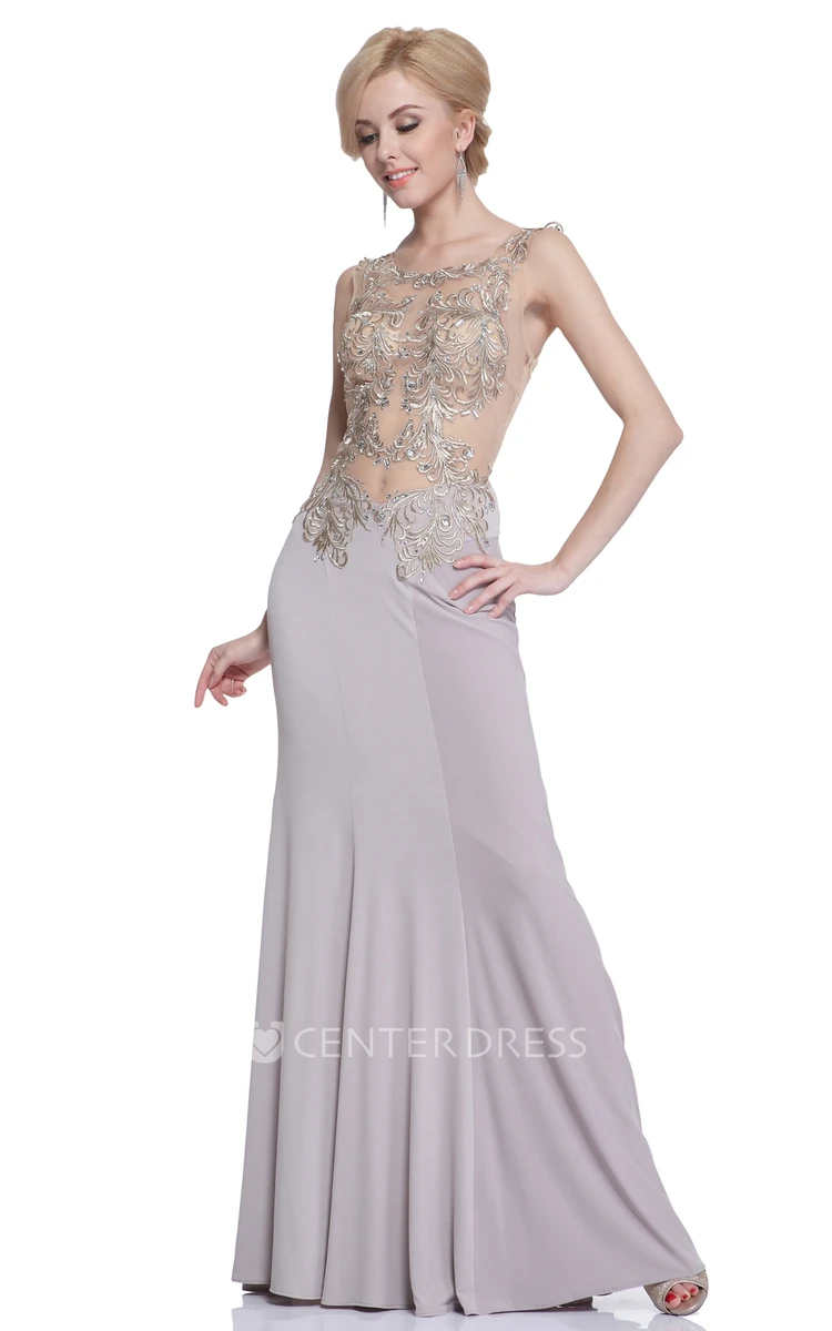 Sheath Scoop-Neck Sleeveless Jersey Illusion Dress With Beading And Embroidery