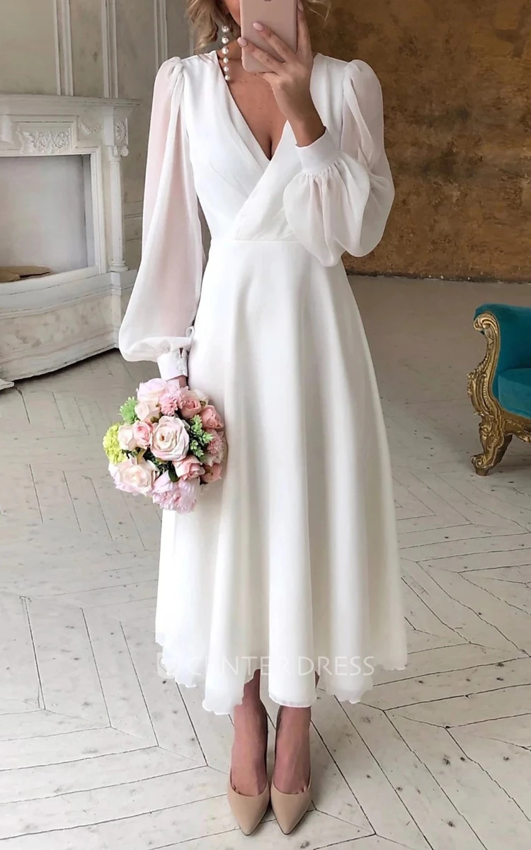 Simple Chiffon A-Line Wedding Dress with Poet Sleeves Romantic Beach Style