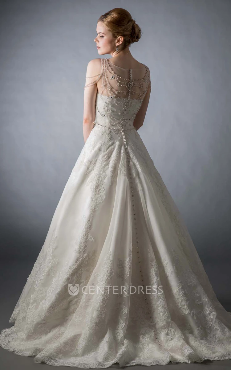 Maxi Scoop Beaded Lace Wedding Dress With Sweep Train And Illusion