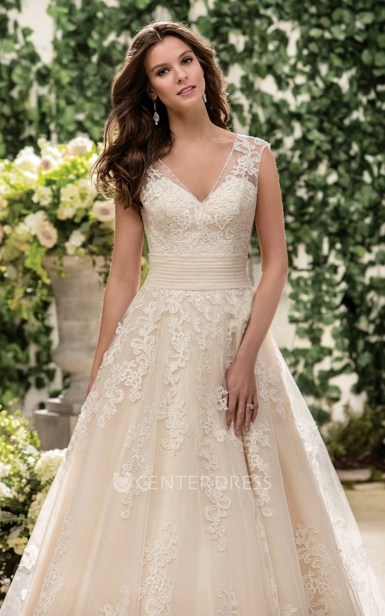 Cap-Sleeved V-Neck A-Line Wedding Dress With Appliques And Keyhole Back