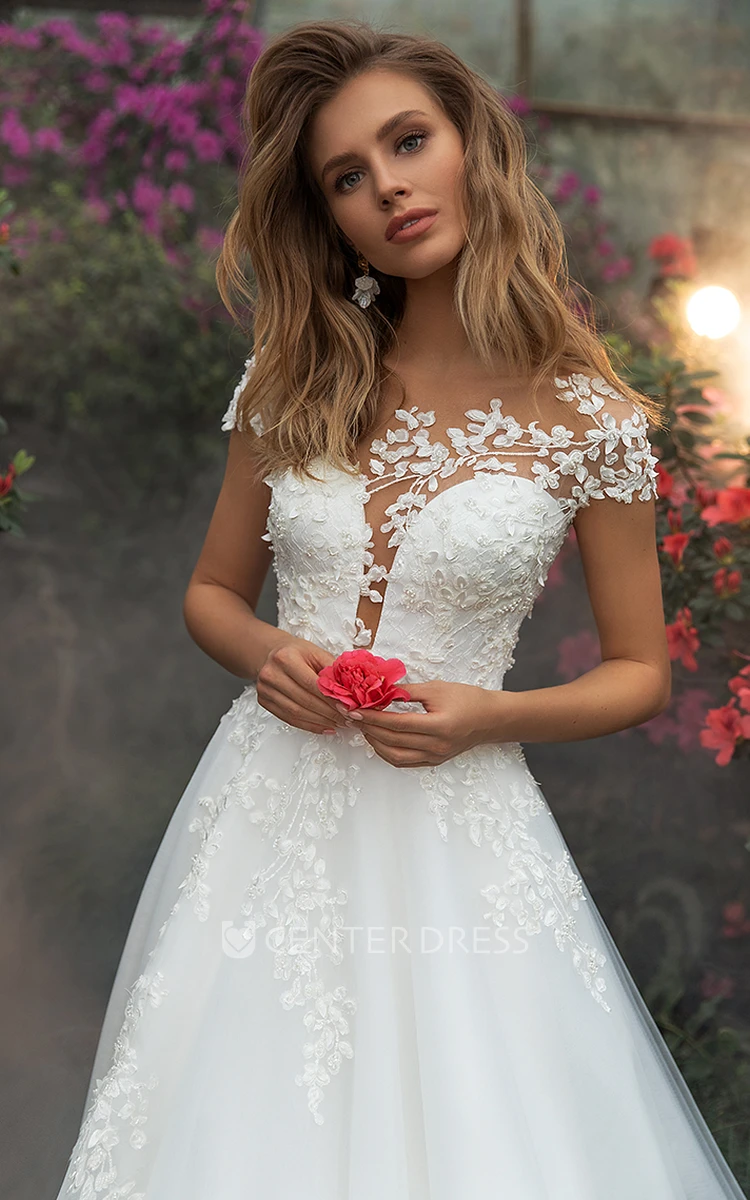 Elegant A Line Lace Tulle Plunging Neckline Wedding Dress With Short Sleeve And Appliques