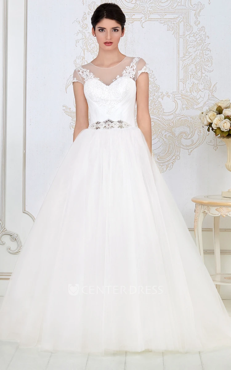 A-Line Short-Sleeve Appliqued Long Scoop-Neck Tulle Wedding Dress With Beading And Waist Jewellery