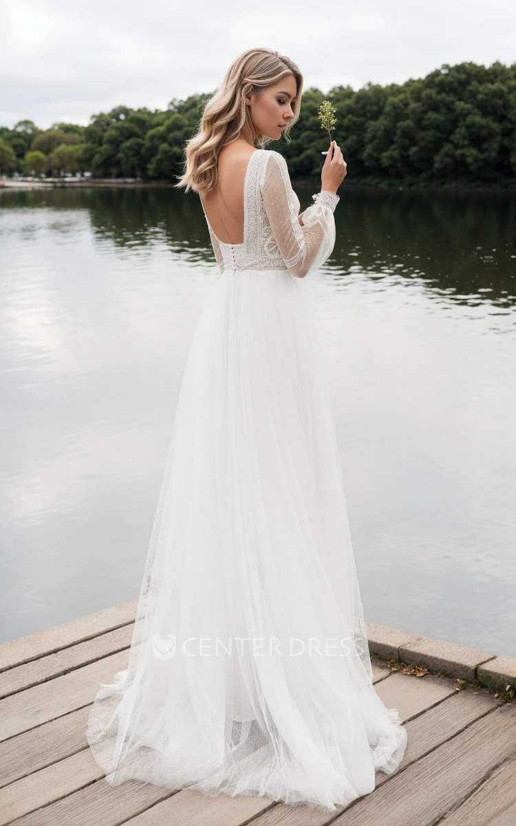 A-line Ethereal Boho Lace Wedding Dress with Long Sleeves Bateau Square Bridal Gown