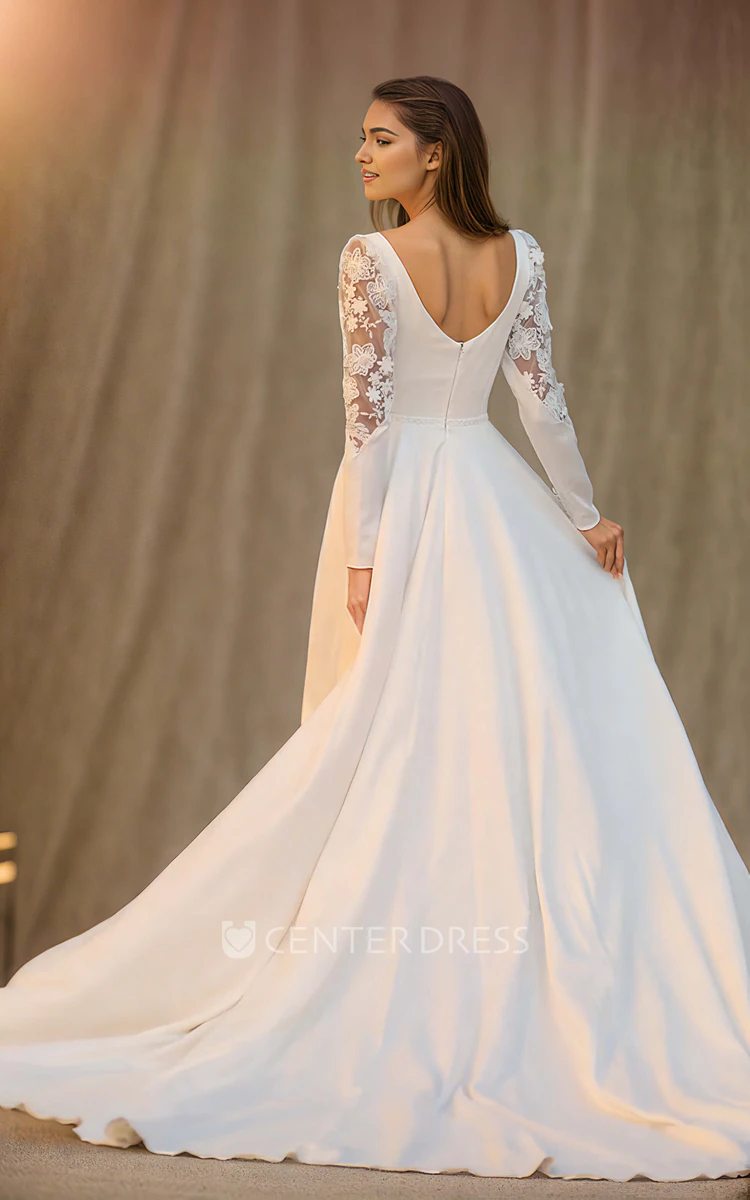 Ethereal Sexy Appliques A-Line V-neck Satin Wedding Dress Elegant Solid Flowers Long Sleeve Floor-length with Train Zipper V Back Bridal Gown