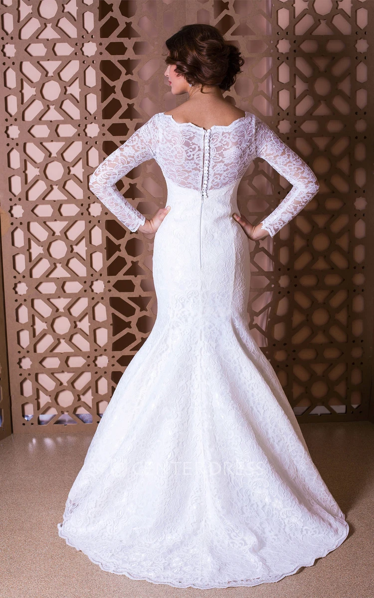 Trumpet Floor-Length Bateau-Neck Long-Sleeve Lace Wedding Dress With Appliques And Illusion