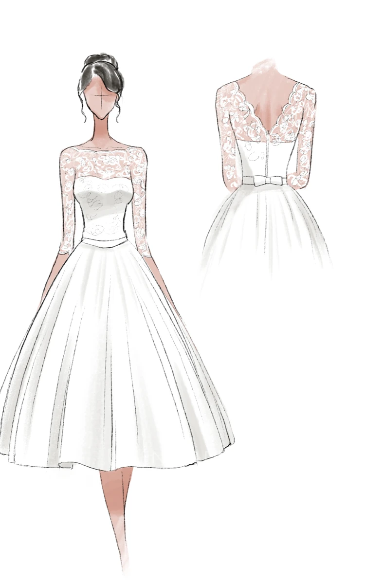 1950s Tea-Length A-line 3/4 Length Sleeve Tulle Lace Wedding Dress